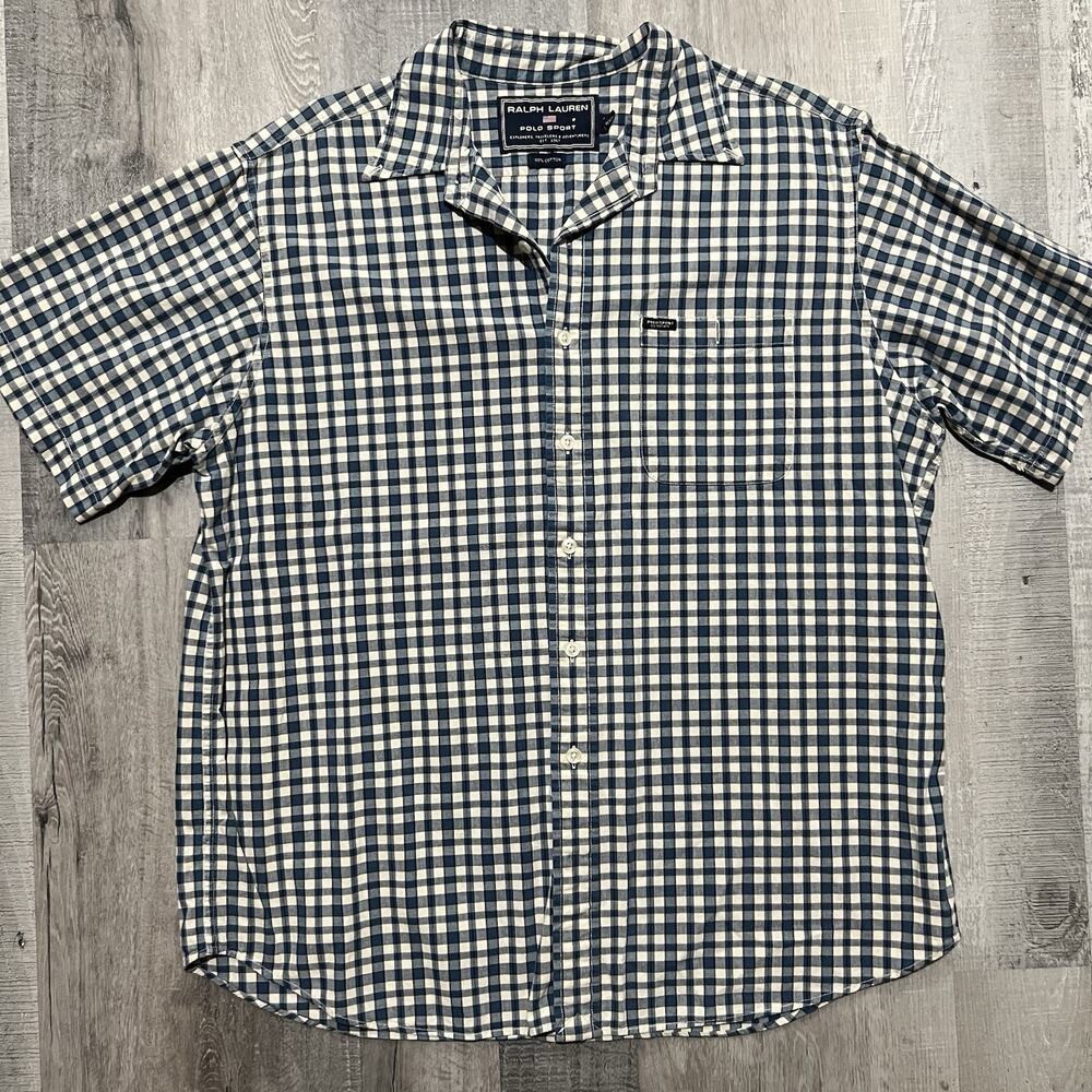 VTG Polo Sport Ralph Lauren Blue/White Plaid Shirt Sportsman Large Pocket Cotton